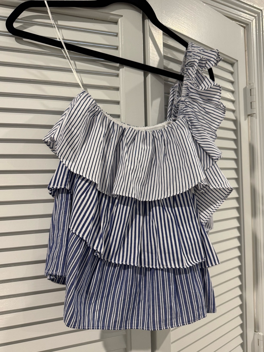 DO+BE White and Navy Striped Ruffle One-Shoulder Blouse - Picture 2 of 7